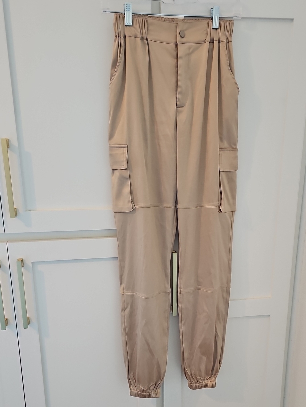 Beige High-Rise Cargo Joggers with Elastic Waist